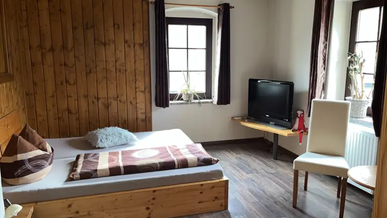Doppelzimmer der Pension Deftige Pfanne in Posterstein mit Holzbett, Holzwand und Fernseher auf einem Eckbord